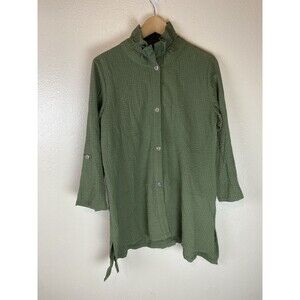Toofan S Tunic Top Button Up Shirt Wire Collar Ruffle Green Blouse Gauze Crinkle